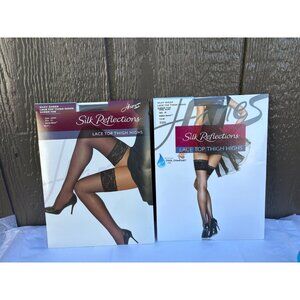 Hanes Silk Reflections Lace Top Thigh Highs Silky EF Barely Black Sheer Toe
